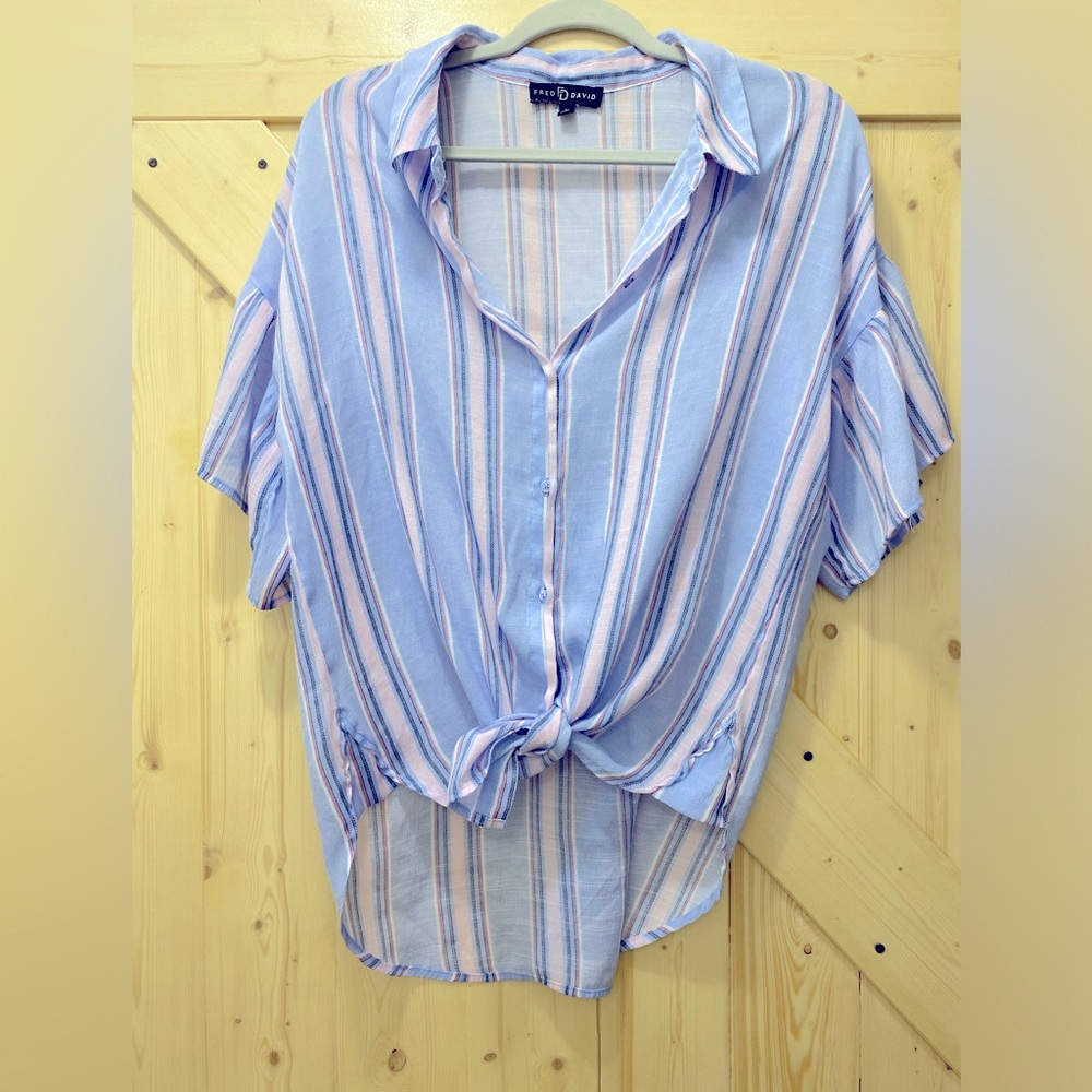 ❤️😍Fred David Striped Blue Pink & White Bell Arms Top